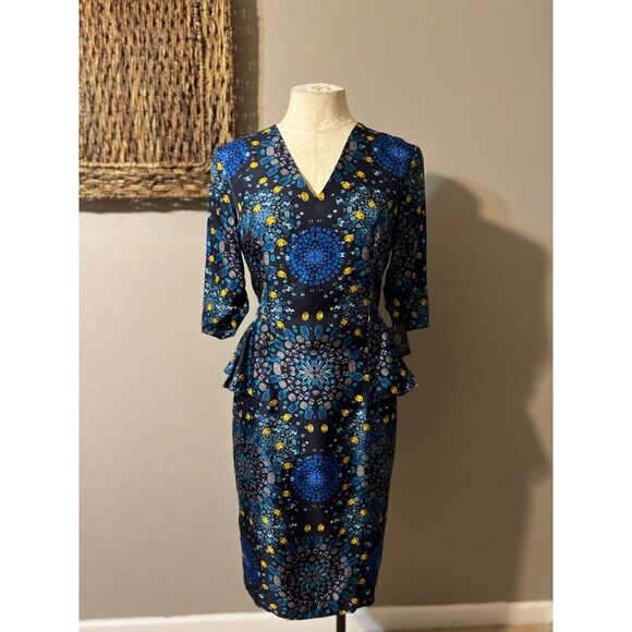 Doncaster Dress Blue Gold 8 Short Sleeve SILK Peplum Sheath NWT - Picture 4 of 11